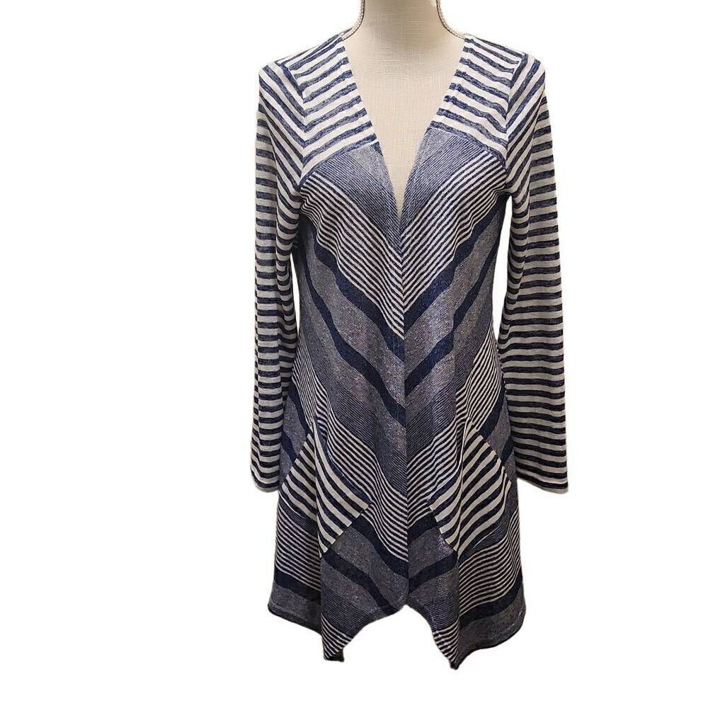Michael Tyler Blue White Striped Open Front Cardigan Small Longline Handkerchief